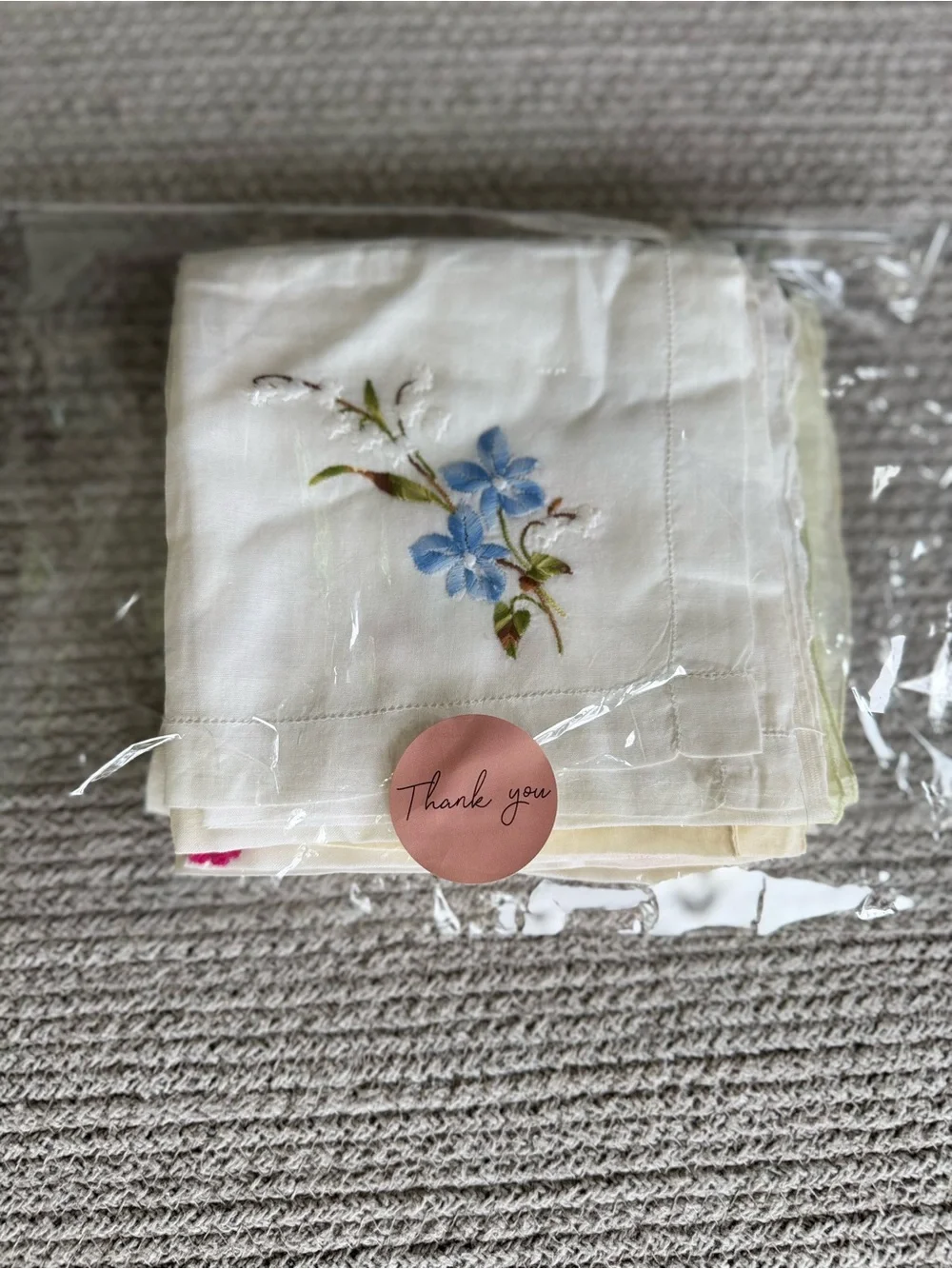 Vintage Set of 12 Floral Embroidered White Ivory Floral Linen Cotton Napkins